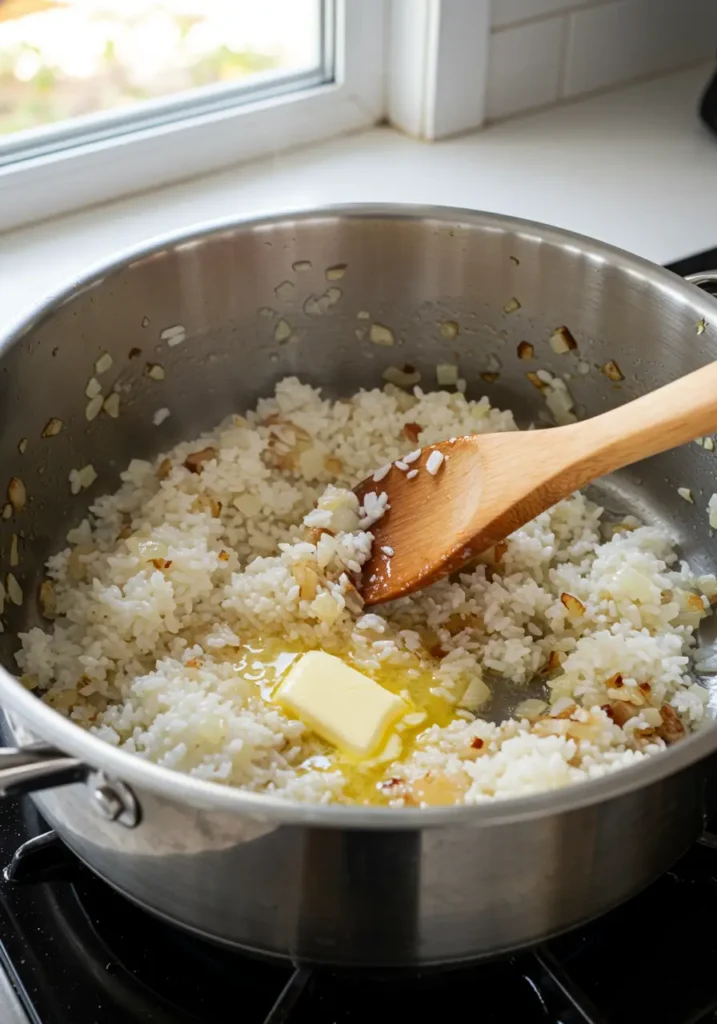 Toasting rice with onions and butter for nohutlu pilav in a saucepan