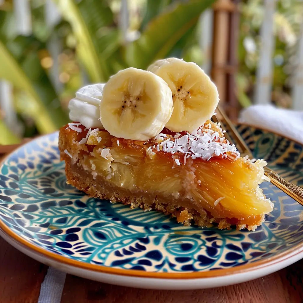A slice of Crockpot pineapple upside down cake topped with banana slices, shredded coconut, and whipped cream on a decorative plate.