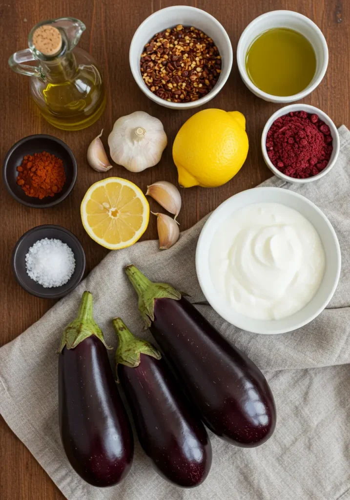 Ingredients for Turkish eggplant dip including eggplants, yogurt, garlic, lemon, olive oil, and spices