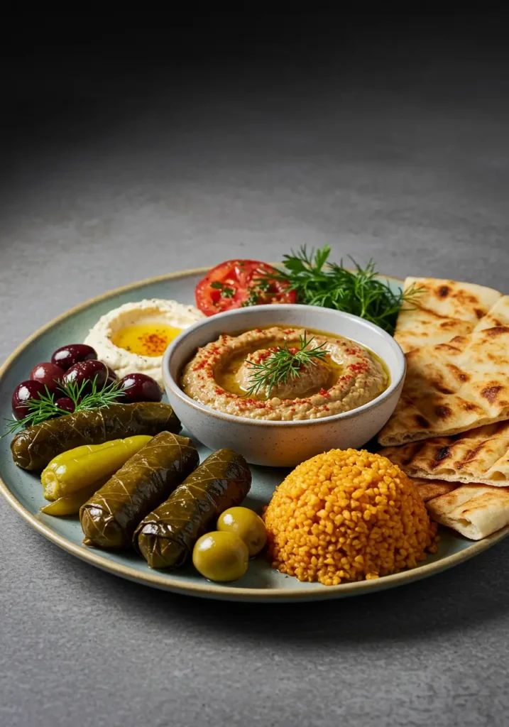 Turkish meze platter with eggplant dip, bulgur pilaf, dolmas, and flatbread