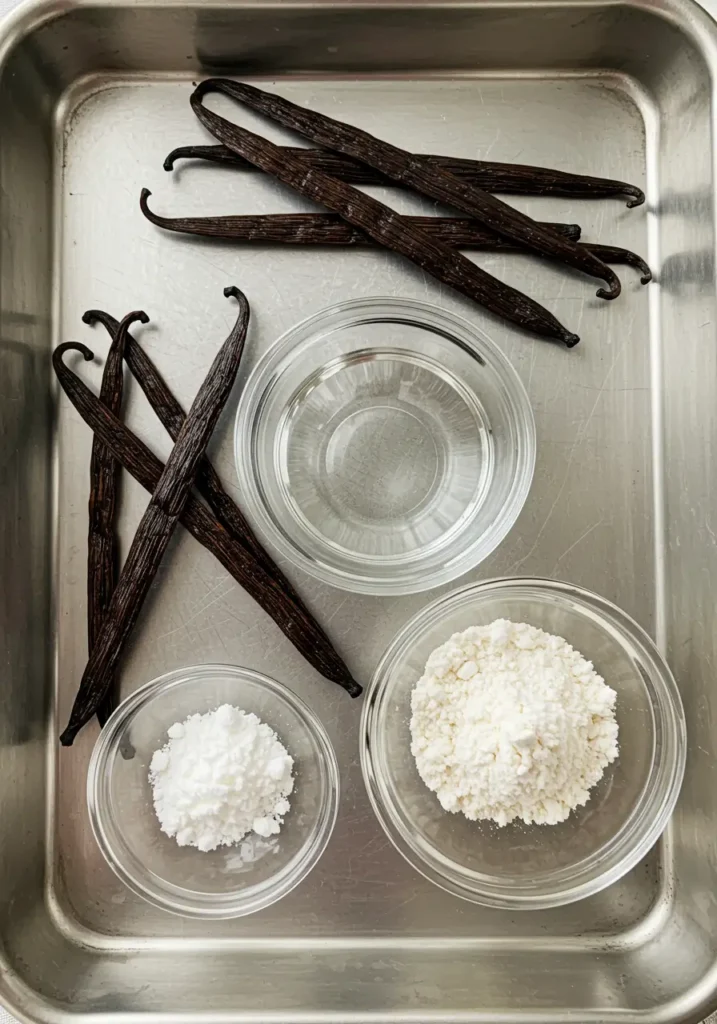 Vanilla paste recipe ingredients including vanilla beans, glycerin, and arrowroot powder