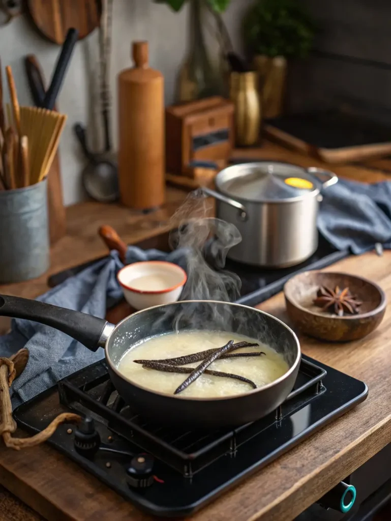 Simmering vanilla beans for a homemade vanilla paste recipe on the stovetop