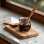 Vanilla paste recipe in glass jar with wooden spoon on marble countertop