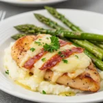 Creamy chicken modiga topped with melted provolone and prosciutto on a plate with mashed potatoes and asparagus